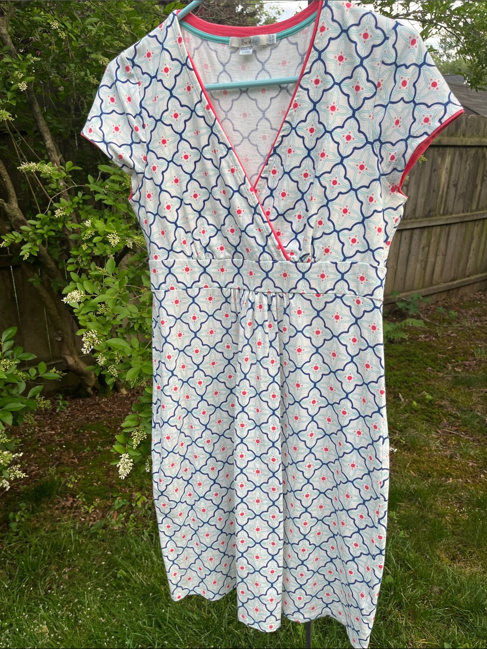 Boden White Dress with Blue Geometric Print and Pink Trim 8